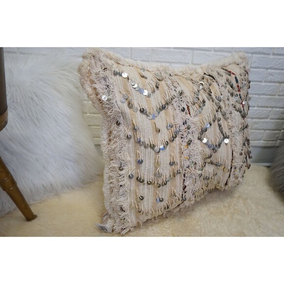 Vintage Moroccan Wedding Blanket Pillow: White Handira Lumbar Cushion 03YL0456 - Picture 3 of 10